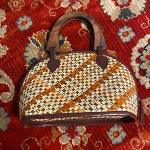 Wood Detailed Woven Purse